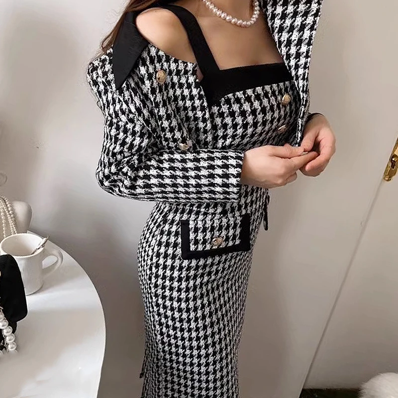 2024 Autunno Autunno Pied De Poule Abiti Slim Wasit Squisito Bottone Sling Off Spalla Collo Quadrato Robe Coreano Chic Midi Abiti