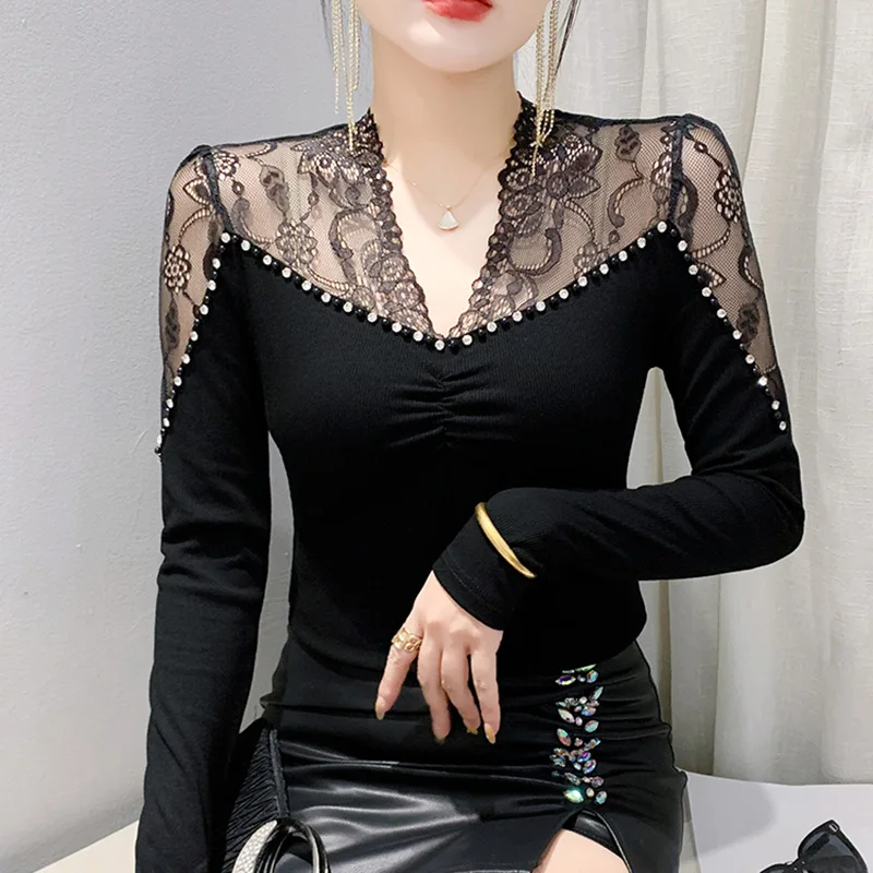 New Autumn Winter Long Sleeved V-Neck Women\'s T-Shirt Elegant Slim Sexy Hollow Out Beading Mesh Tops M-3XL Clothing