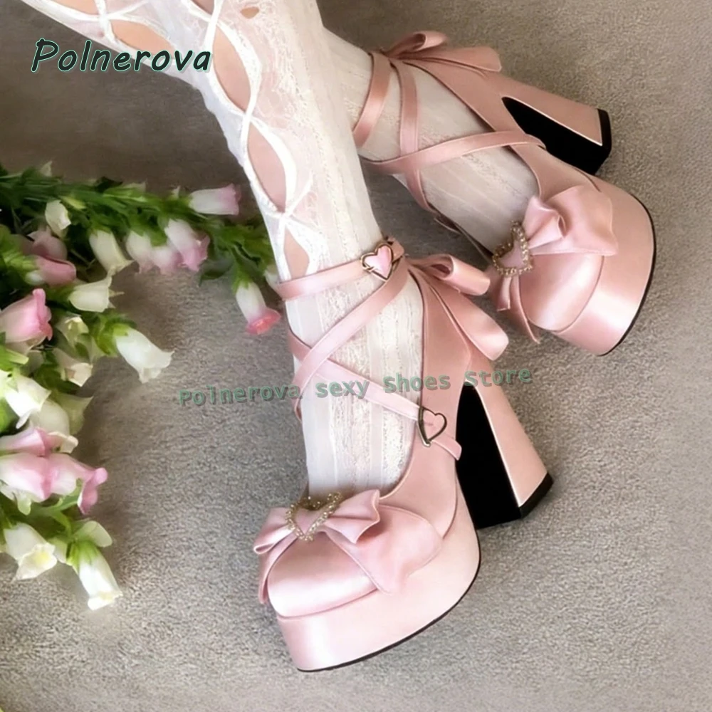 Pink Satin Sweet Lolita Platform Heels Women's Chunky Heel Mary Jane Shoes with Bowknot Heart Buckle for Party Dress Pumps 2026