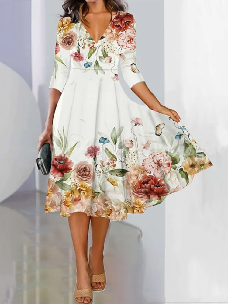 

Elegant Floral Print Dress Lady Fashion V Neck Pullover Loose Dresses For Women Casual Holiday Party Skirt Robe Femme Summer New