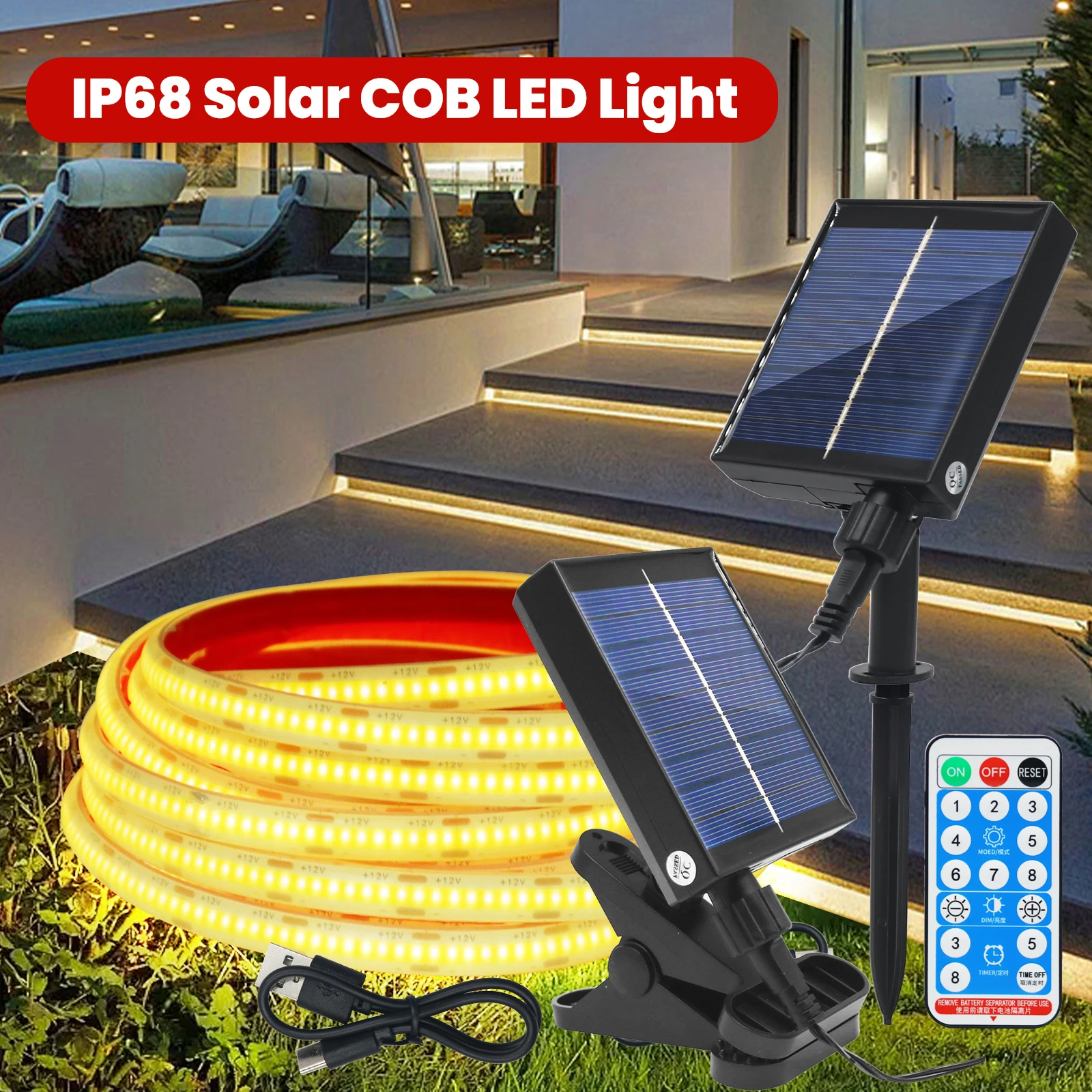 IP68 Wodoodporna taśma LED COB 12V Solarne oświetlenie zewnętrzne LED Wysoka gęstość 320 diod LED / m Elastyczna taśma LED COB Solarne oświetlenie