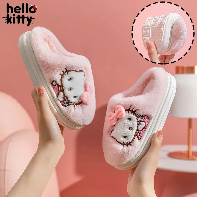 Hello Kitty Girl Winter Cotton Slippers Kawaii Women Warm Shoes Non-slip Soft Plush Indoor House Slippers Furry Slippers Gifts