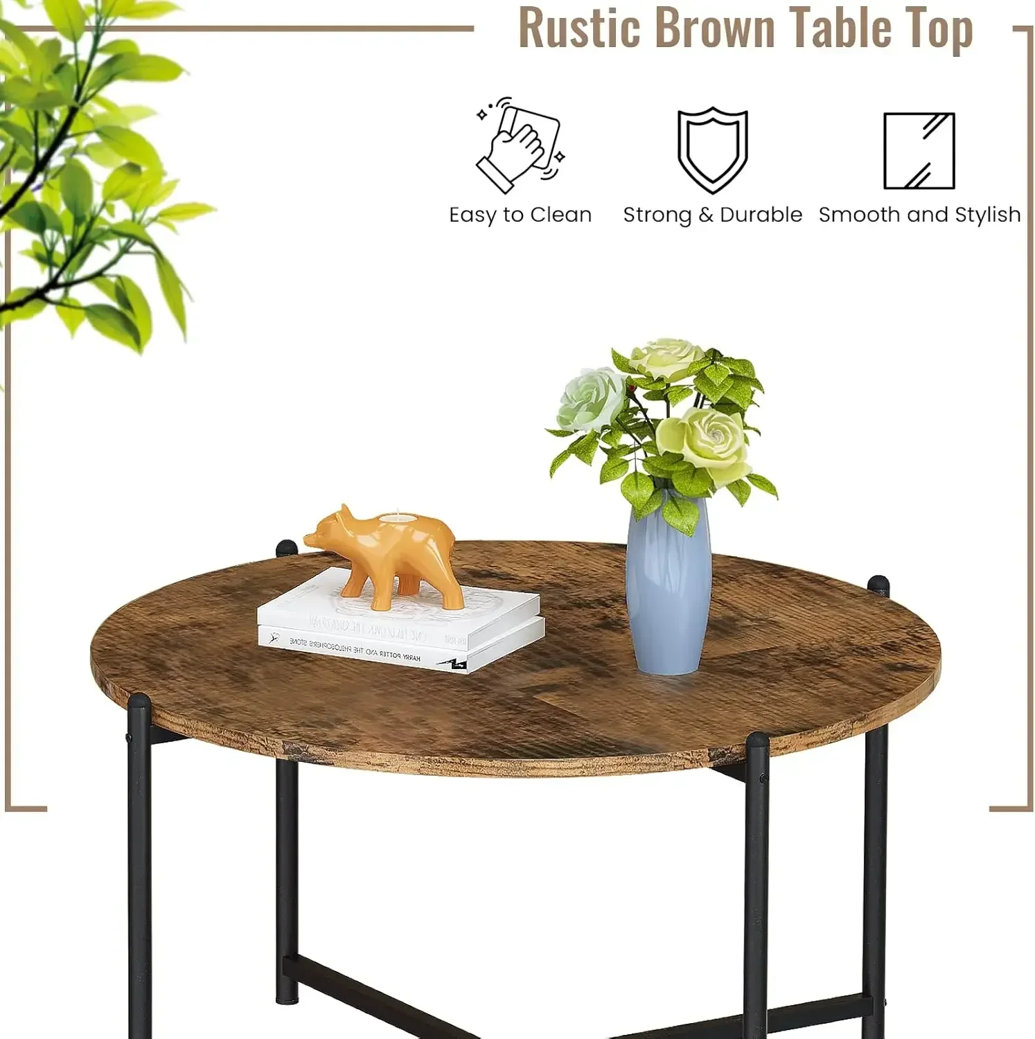 Living Room Coffee Table Set, Rustic Brown Living Room Table Set of 3 Modern Round Center Table with Metal Legs