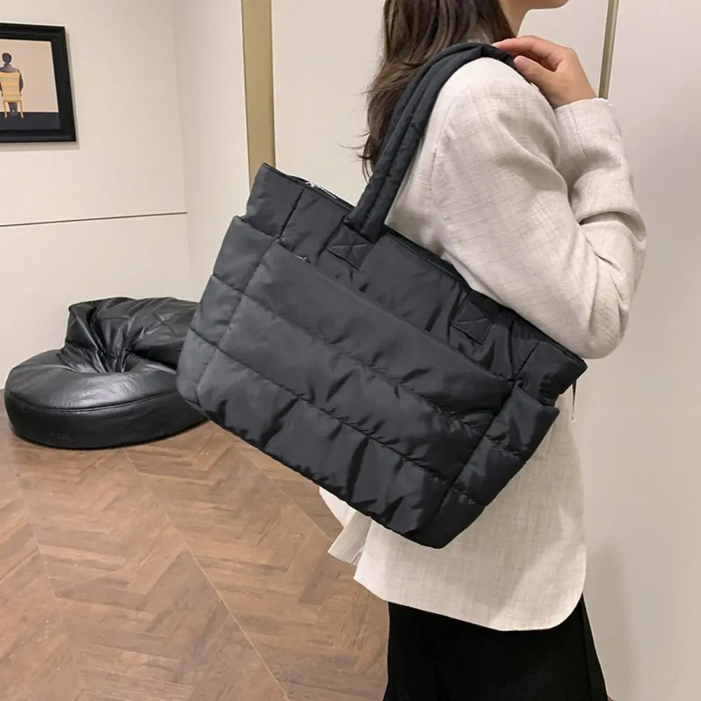 

Korean Style Down Cotton Shoulder Bag Large Capacity Solid Color Cotton-padded Tote Bag Lightweight Space Cotton Nylon Handbag