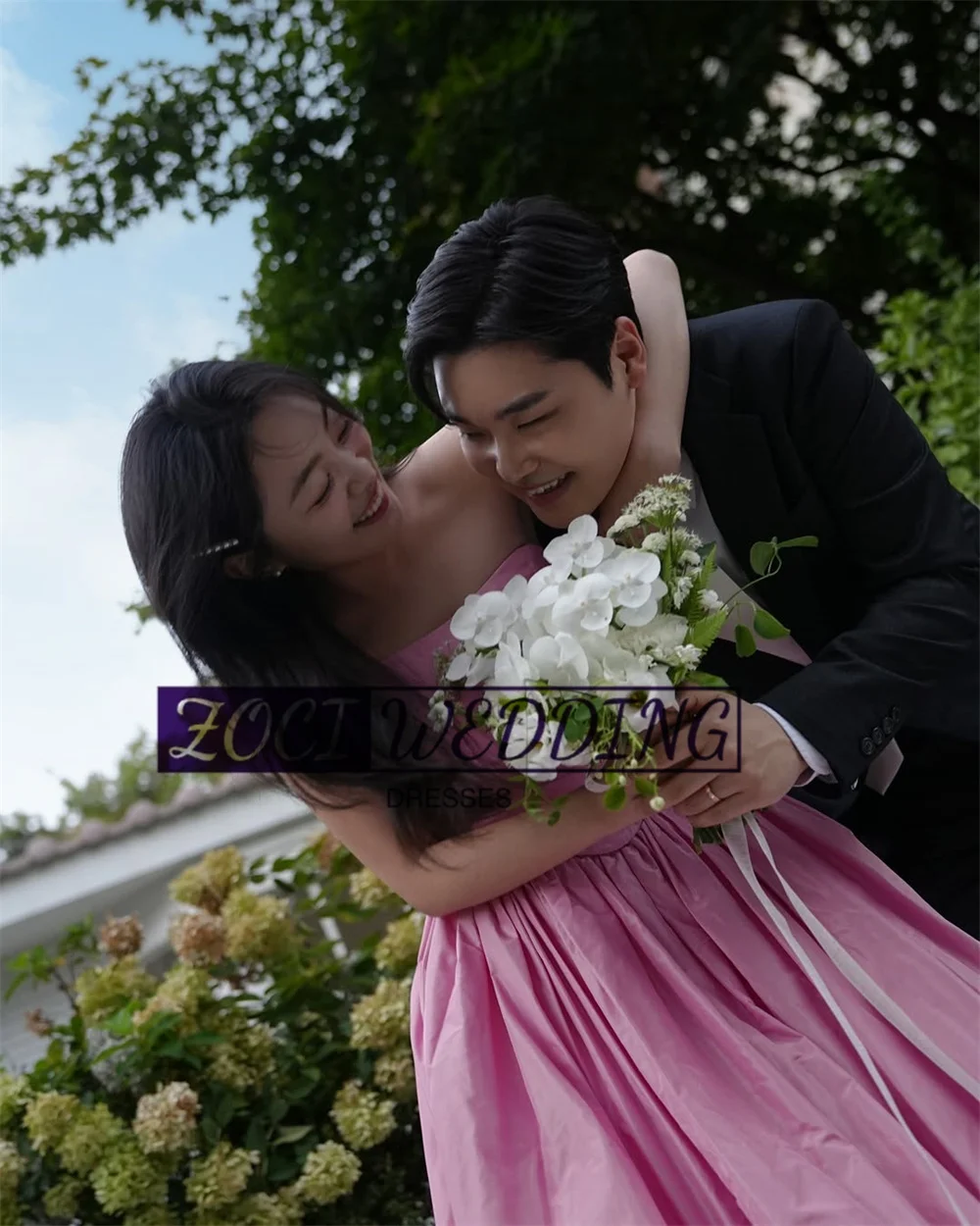 Zoci querida tafetá coreia vestidos de noite elegante sem alças rosa fotos sessão vestido personalizado varredura sem costas vestidos formais