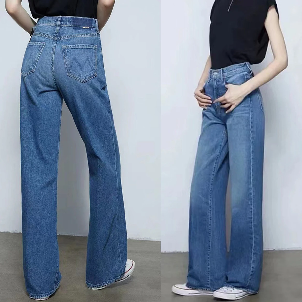 

Women Plush thickened jeans high waist fashion straight denim pants