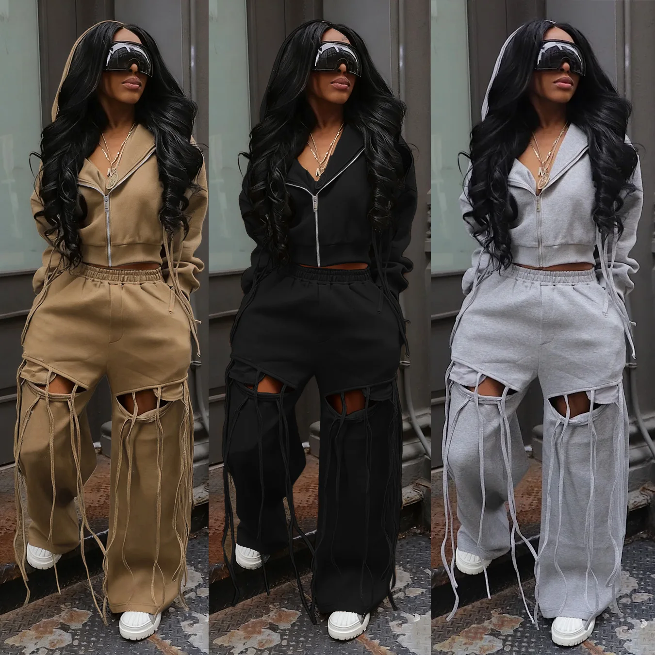 

Women Two Pieces Pant Sets Solid Matching Sets Zipper Hooded Long Sleeves Top Hole Elastic Waist Wide Leg Pant Y2K 2026 Autumn