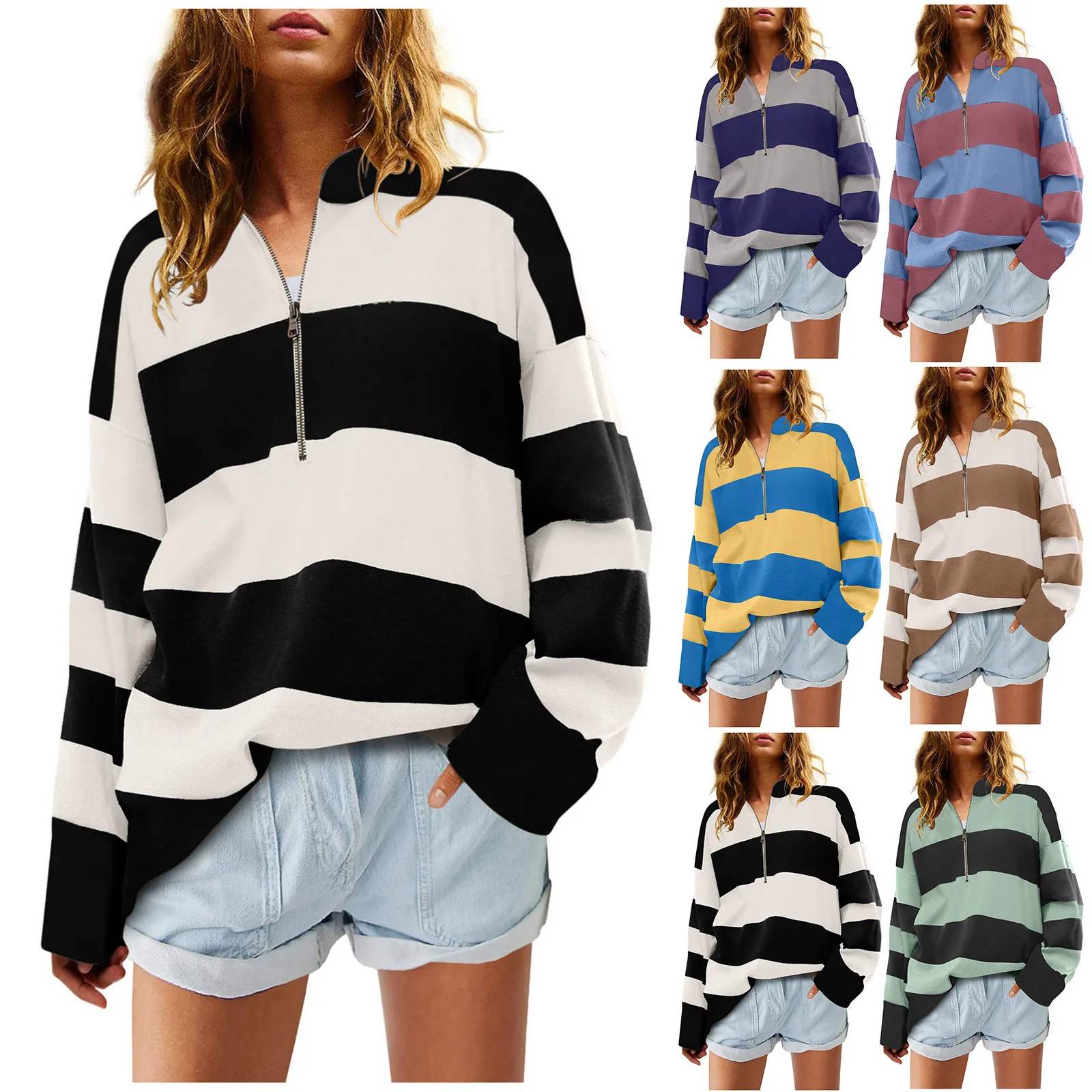 

Y2K women's autumn striped lapel top zipper loose version long sleeve fashion casual versatile top