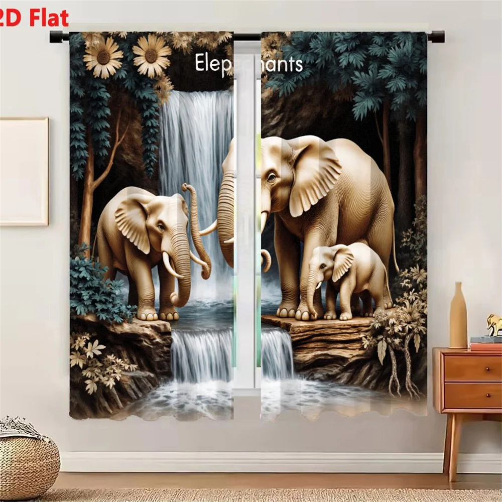 2Pcs Curtains 2D Flat Artistic Scene Of Three Elephants Adult Juvenile Calf Around Waterfall In Lush Natural Setting With Teal B