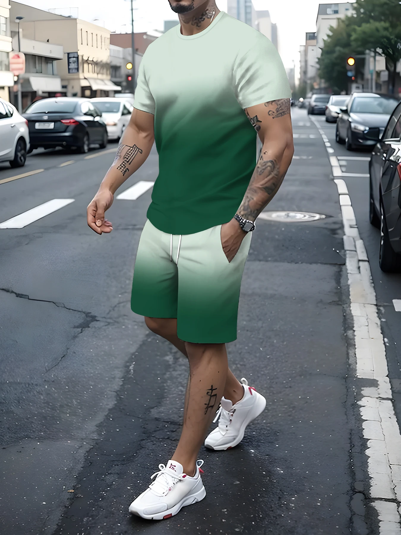Summer 3D Men\'s T-Shirt+Shorts Set Breathable Jogging 2-Piece Fitness Set Running Suit Casual Gradient Suit For Men