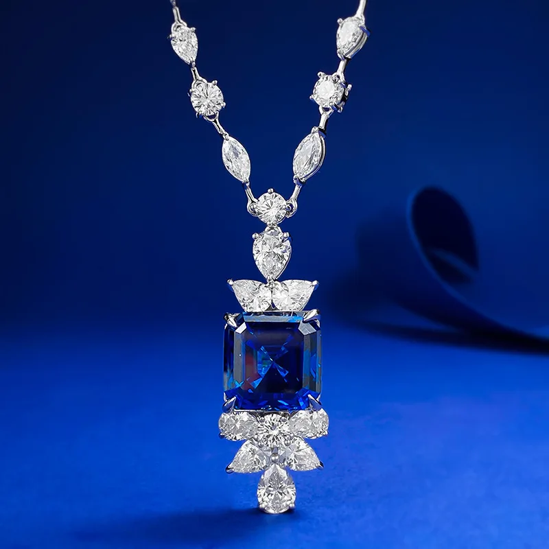 

New 925 Silver Square 15 * 15 Royal Blue Large Pendant European and American Luxury Necklace 43cm