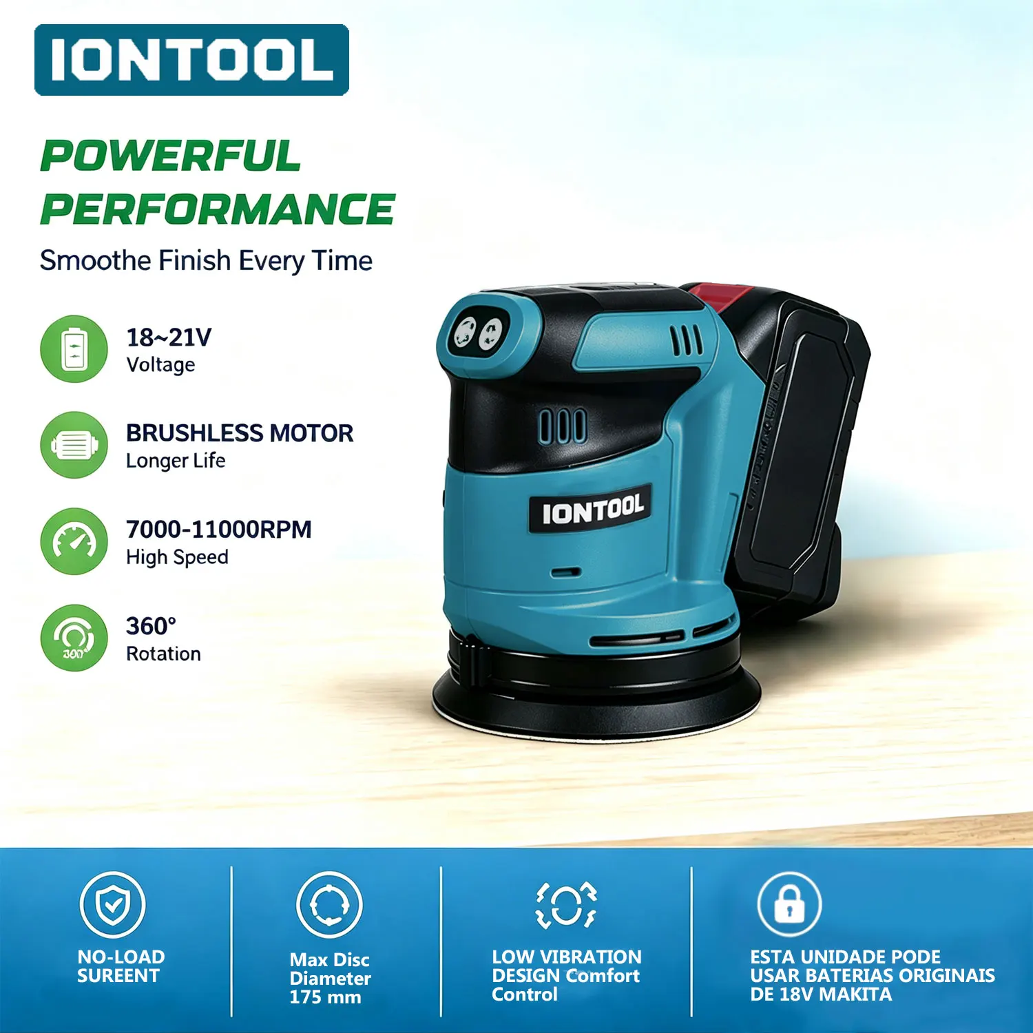 IONTOOL 175mm Random Orbital Sander Cordless Power Tool for Home DIY Wood Sanding and Paint Removal Bare Unit