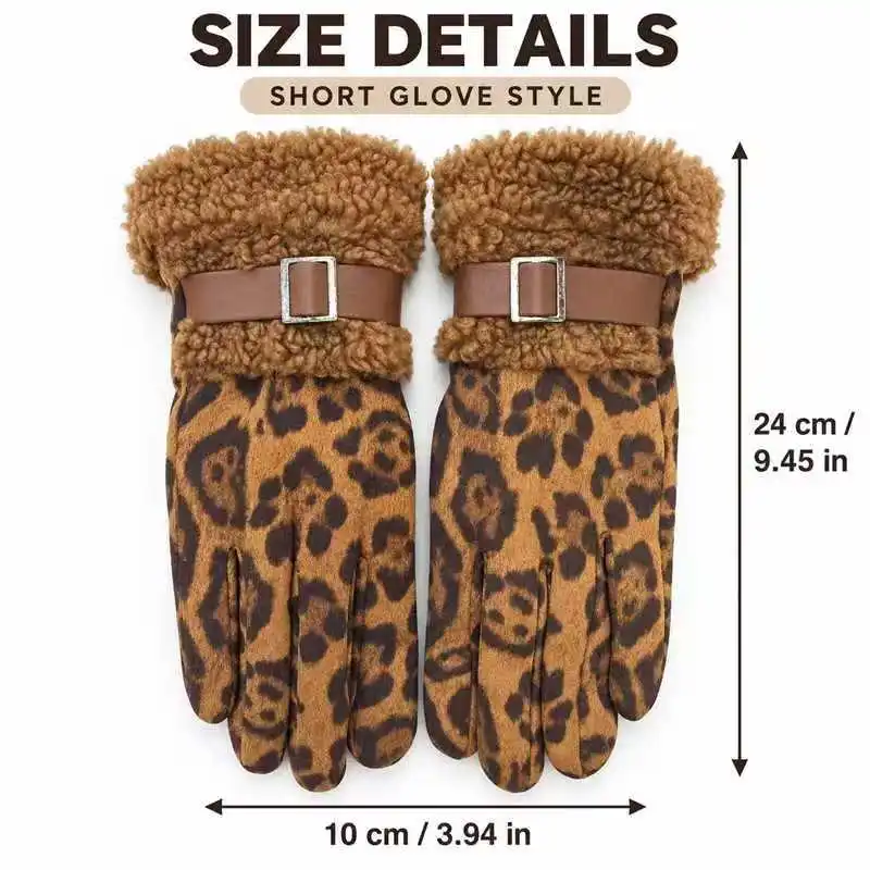 Womens Leopard Print Winter Gloves, Suede Touch Screen Warm Five Finger Fashion Gloves For Shopping And City Walk