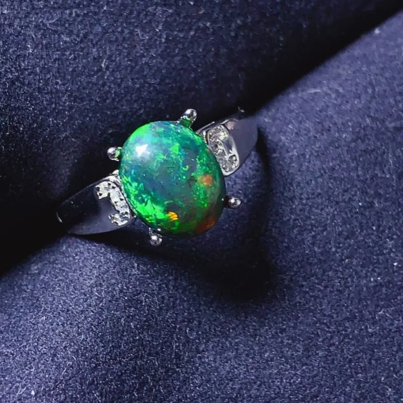 

YULEM Natural Black 8x10mmOpal Ring S925 Silver with Natural Color Cubic Zircon Adjustable Ring