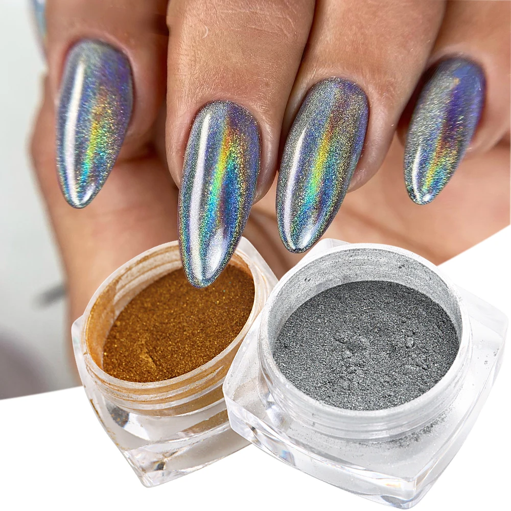 Holografische Nail Poeder Goud Zilver Reflecterende Glitter Chrome Pigment Hologram Wrijven Dust Shiny Pailette Nail Decoratie Ntlsh