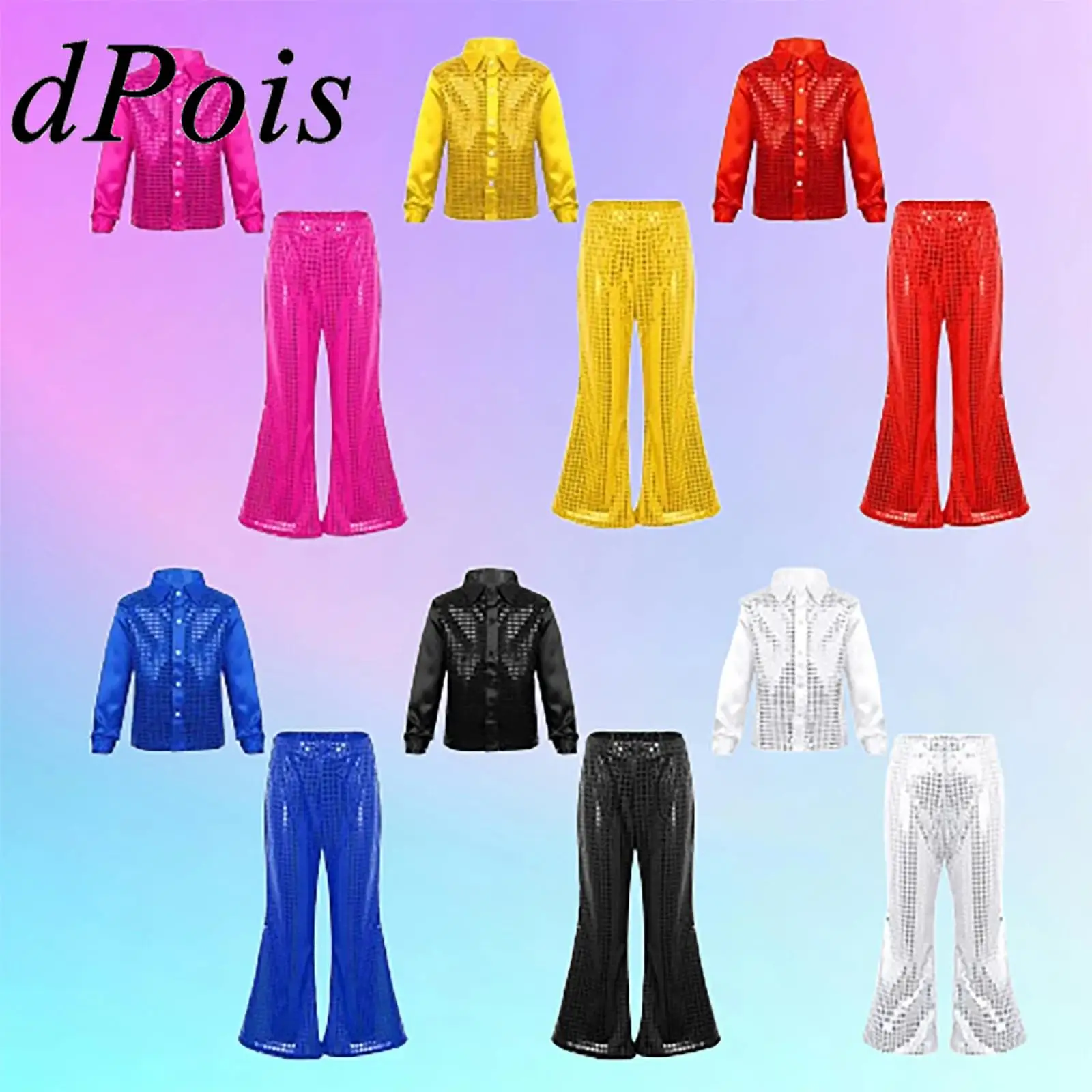 Fashion Kids Boys Jazz Dance Outfit Glittery Sequined Dancing Set Hip-hop Shirt with Flared Pants Children Street Clothes Sets