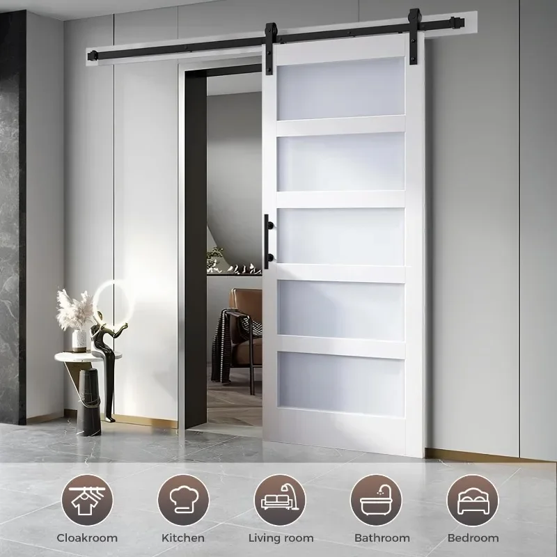 36 بوصة × 84 بوصة باب الحظيرة MDF الزجاجي المنزلق مع مجموعة أدوات الأبواب المنزلقة بطول 6.6 قدم، 5 زجاج بلوري مقسى
