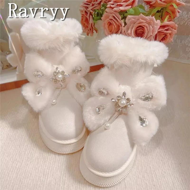 

Lolita Butterfly Knot Pearl Crystal Snow Boots Cute Girl Platform Gemstone Embellished Winter Warm Shoes(Size Runs Small)