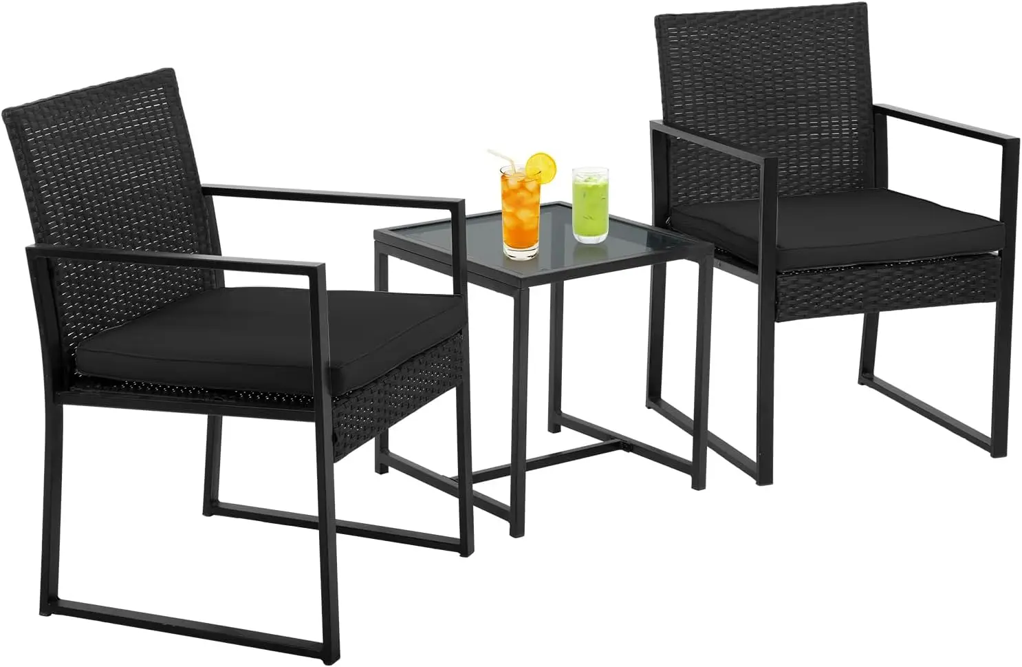 Rattan Patio Furniture Set of 3 Outdoor Conversation Set Water Resistant Bistro Set with 2 Chairs Cushions Tempered Glass Table