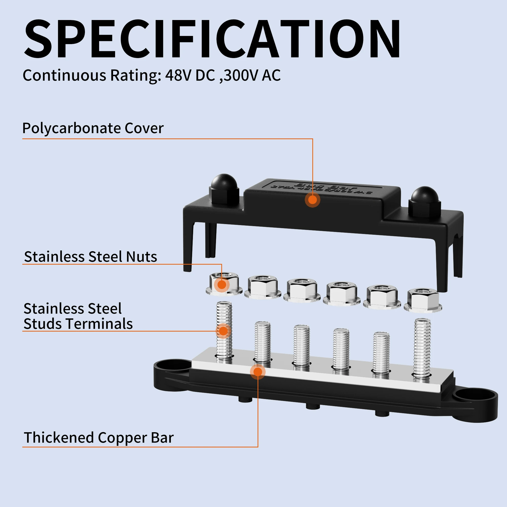 275A Bus Bar 12V Power Distribution Block Car Audio Busbar 6 X 5/16' (M8) Terminal Stud Positive & Ground Battery Bus Bar