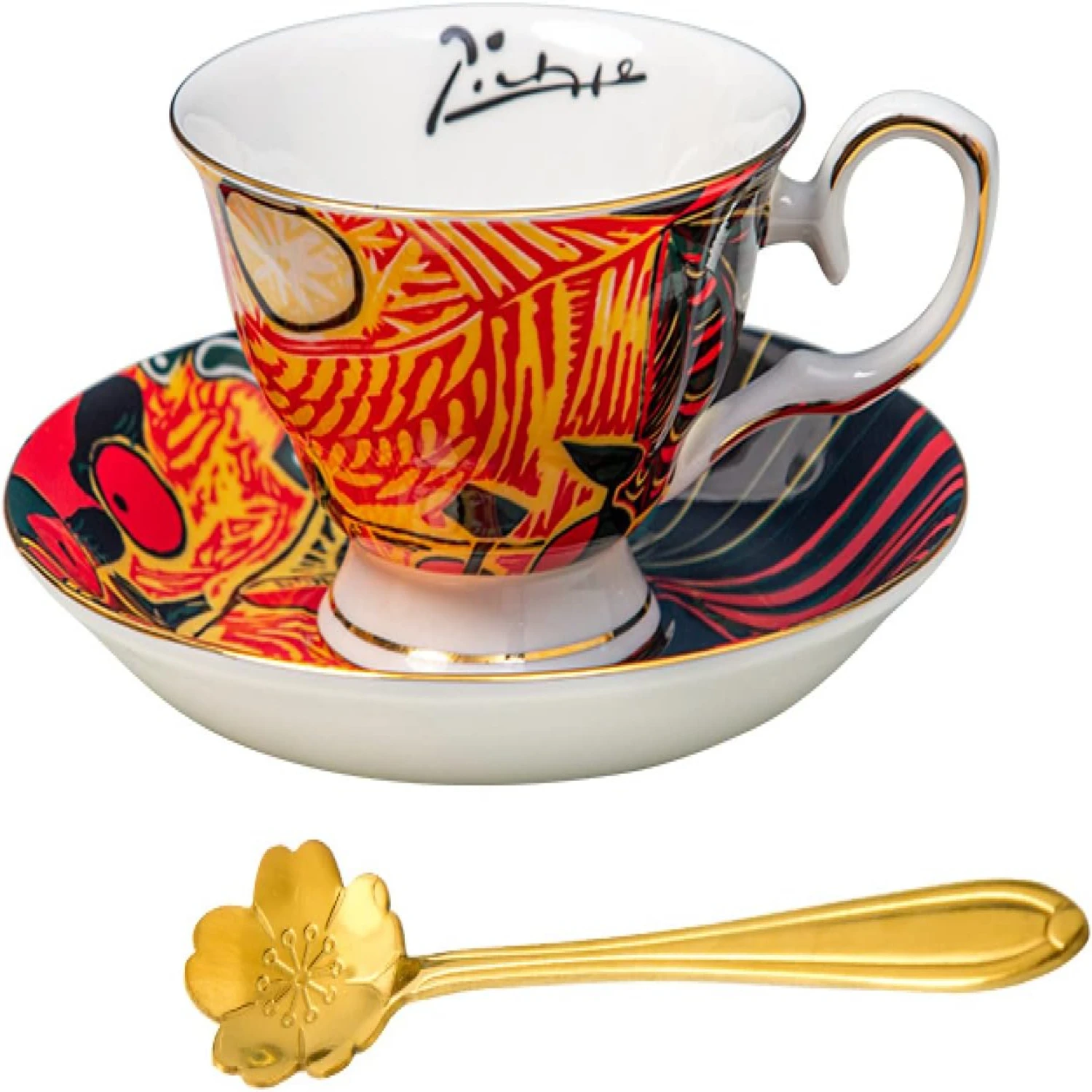 

Elegant Handmade Ceramic Coffee Mug Cup and Saucer Set with Exquisite Pablo Picasso Still Life Design, for Tea and Coffe