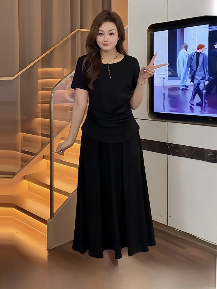 

Black Casual Short Sleeve Two-Piece Set High Waist Draped Skirt for plus Size Women Summer New Style Floral Print Ensemble