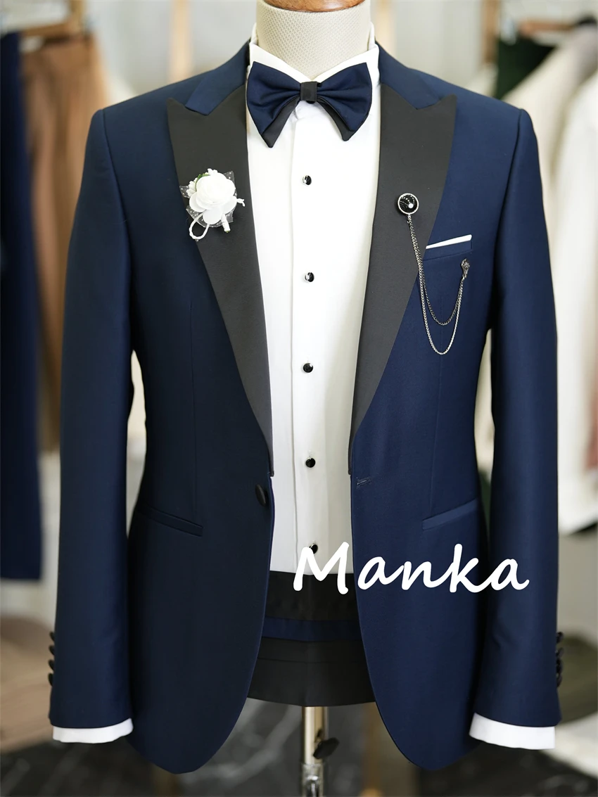 Classic Mens Tuxedo Groom Suit Swallow Collar Italian Cut Slim Fit 2Pcs Jacket Pants Formal Party Suits - Navy Blue