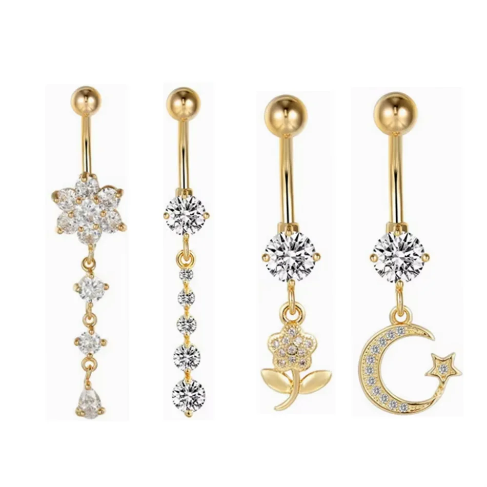 Pendiente colgante de ombligo de Color dorado para mujer, colgante de circón, anillo para ombligo, Piercing de acero quirúrgico de 14G, joyería para el cuerpo