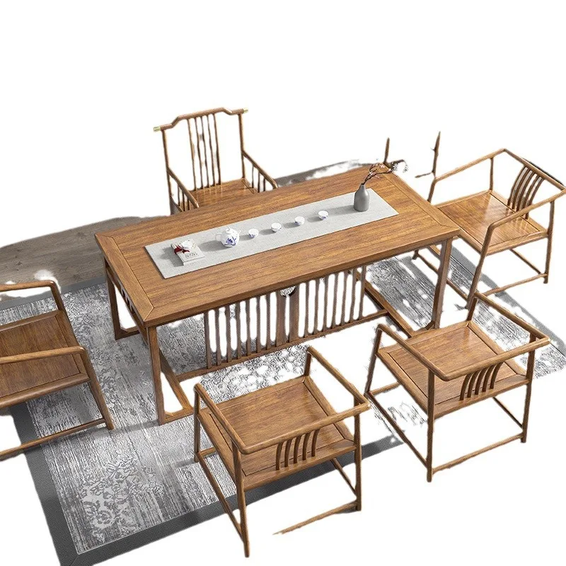 New Chinese style, solid wood tea table and chair combination Household tea table Kung Fu New Chinese log color