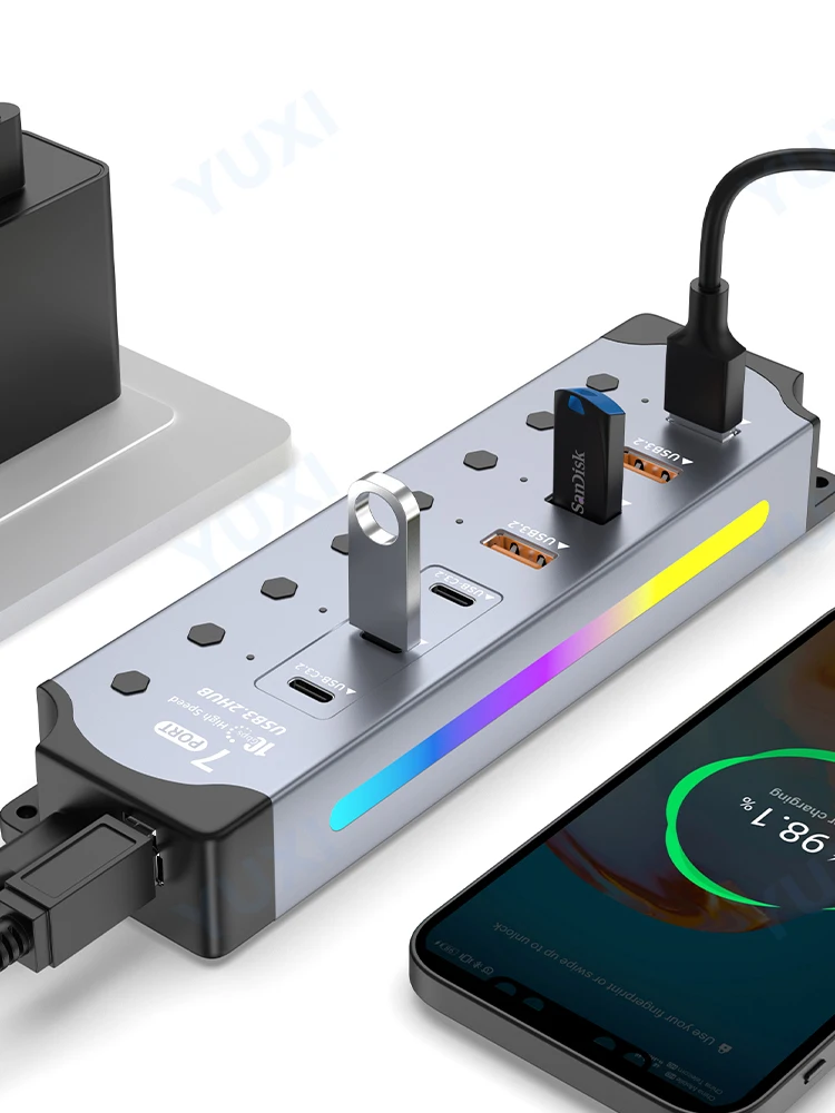 HUB USB 3.2 Gen 2 7 w 1 z zasilaniem, rozdzielacz USB 3.2 10 Gbps, HUB USB Typ A i Typ C z indywidualnymi przełącznikami, wieloportowy ekspander RGB do laptopa i komputera PC — zdjęcie produktu 7