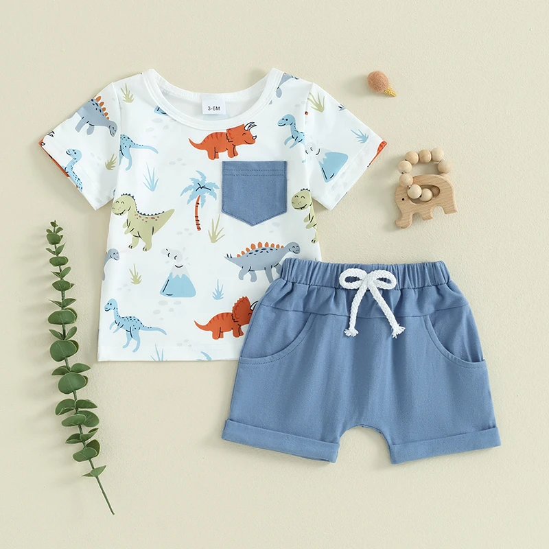 Summer Baby Boy Clothes 3 6 9 12 18 24 Months 2t 3t Outfit Dinosaur Short Sleeve T Shirt Top and Shorts Set