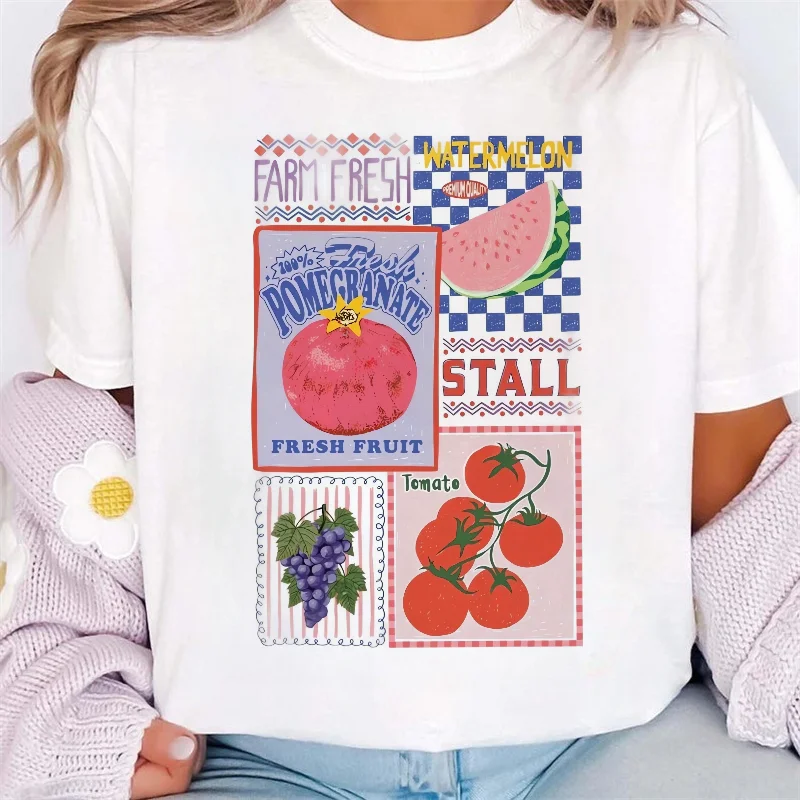 Farm Fresh Fruit Pattern Printed Fruit T-Shirt Printed Travel Short Sleeve 90s Beach Vacation Trendy Women's Summer T-Shirt