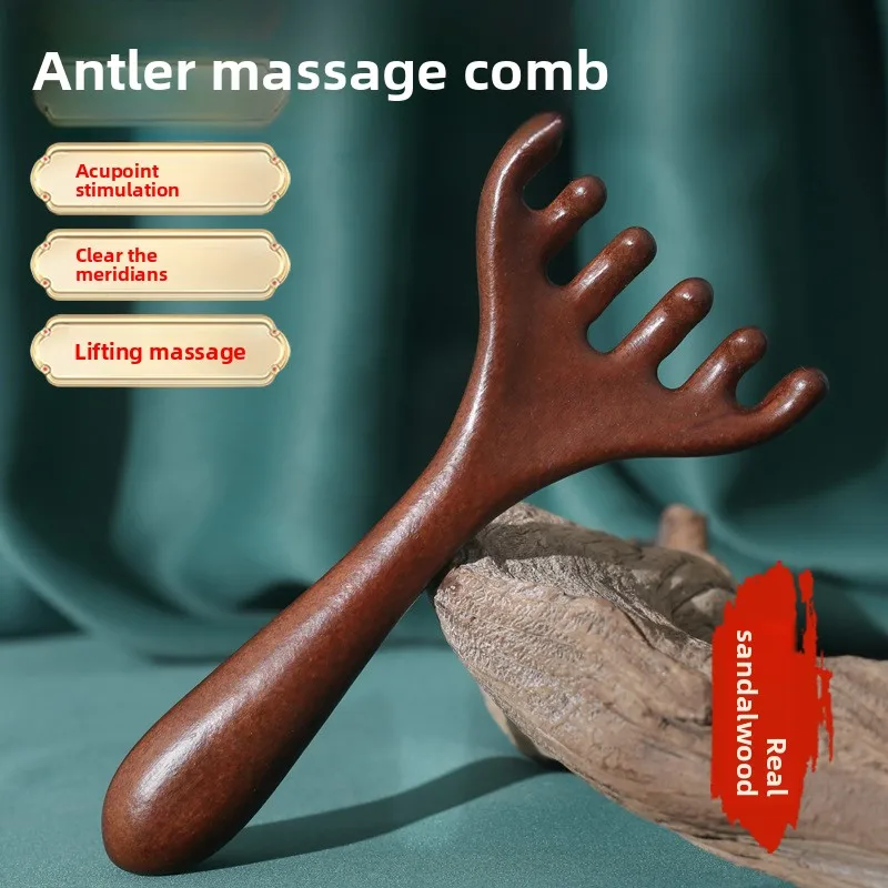 

Golden Sandalwood Deer Antler Comb, 6-Claw Scalp Massager for Meridian Stimulation, Wooden Head Massage Comb for Relaxation