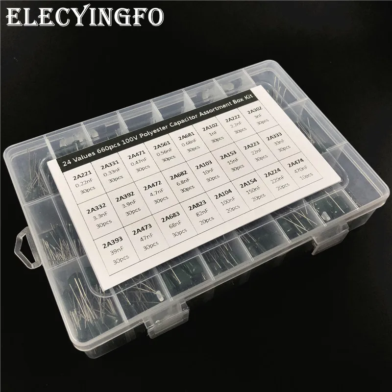 24Value 660pcs Mylar capacitor kit 100V 2A221J to 2A474J 10nF 100nF 0.1uF 1uF Polyester Film capacitor Assorted Kit with box