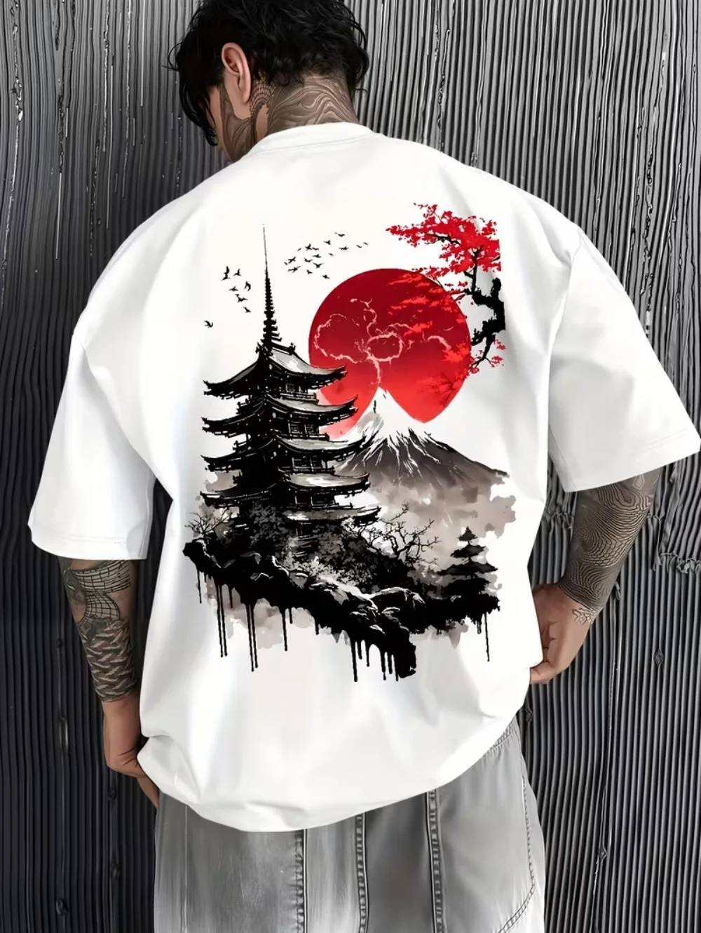 T-shirts pour hommes Fuji montagne fleur de cerisier imprimé été automne Harajuku sport quotidien confortable décontracté ample à manches courtes haut
