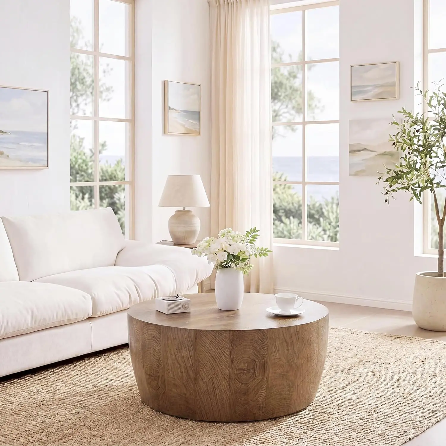 

30" Reversible Drum Wood Coffee Table Mid Century Modern Living Room Bedroom Office No Assembly, Customized