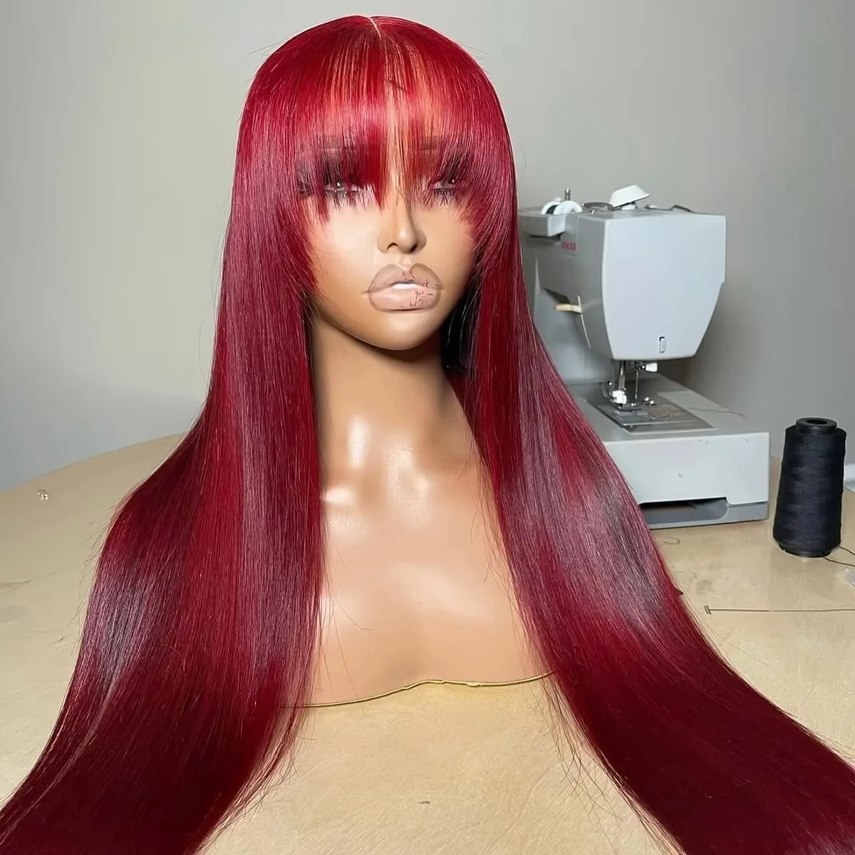 Burgundy Red Color Straight Lace front wig Lace Bang Wig  Wine Color 13x4 HD Lace Frontal Fringe Wig Glueless Ready to Wear