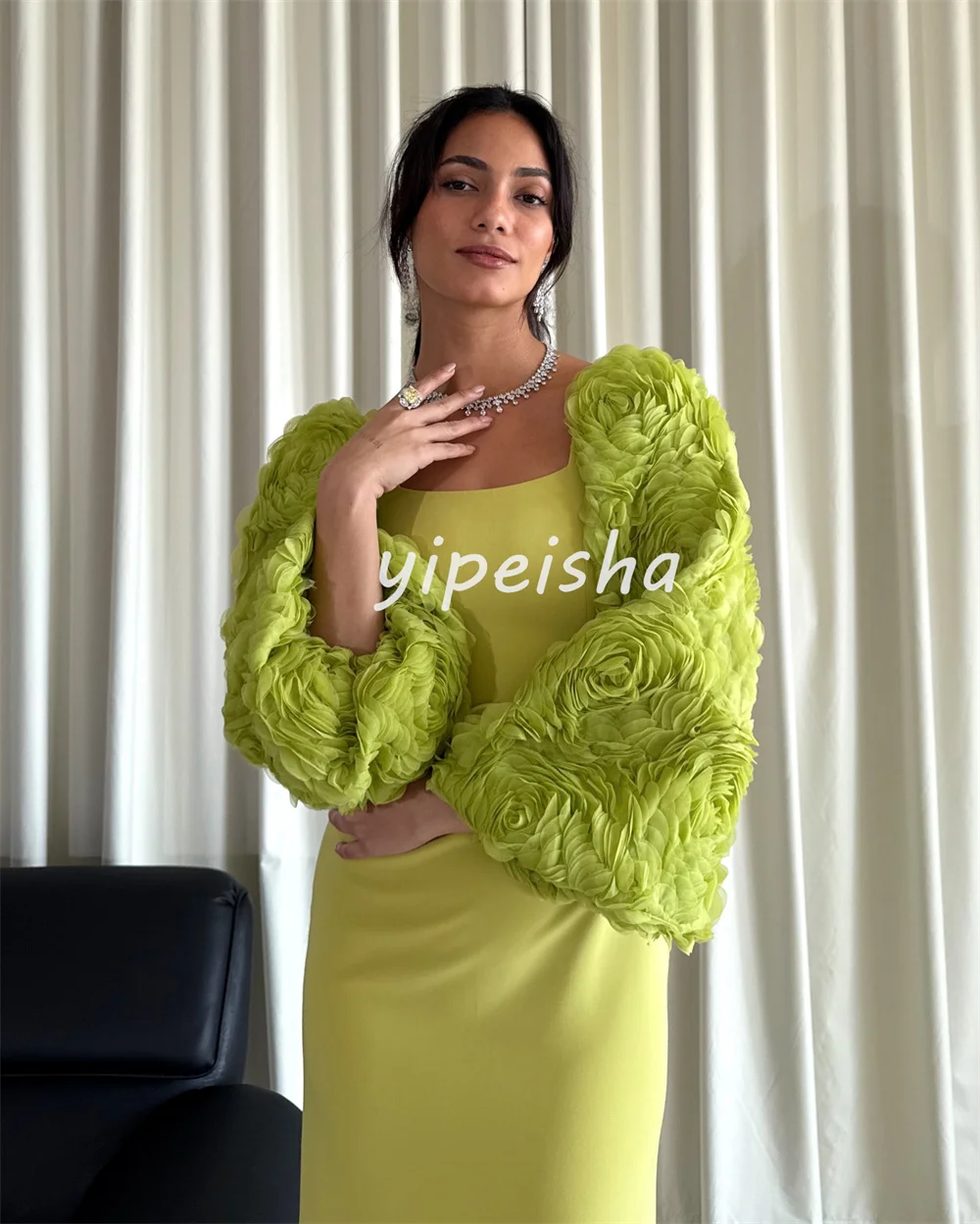 تخصيص الأزياء عالية الجودة جيرسي وشاح اليدوية زهرة الطية مستقيم ساحة الرقبة فساتين متوسطة الطول فساتين السهرة الأنيقة #4