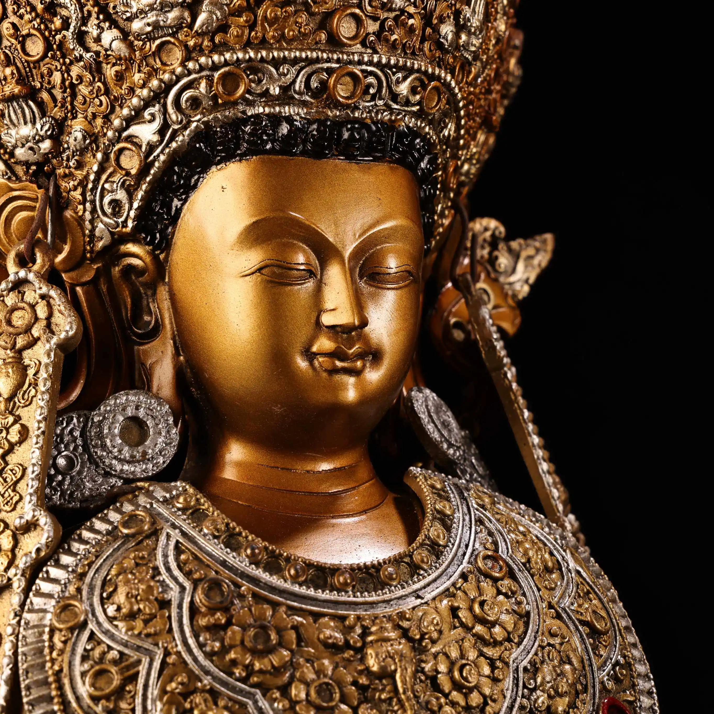 Jowo Shakyamuni Buddha Statue High Relief Brass Gold Silver Engraved Tibetan Buddhist Home Altar Decor Collectible