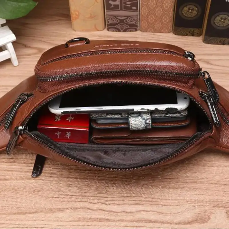 Genuine Leather Waist Fanny Pack Bag For Men Travel Retro Natural Skin Male Purse Cross Body Sling Chest Hip Bum Belt Bags