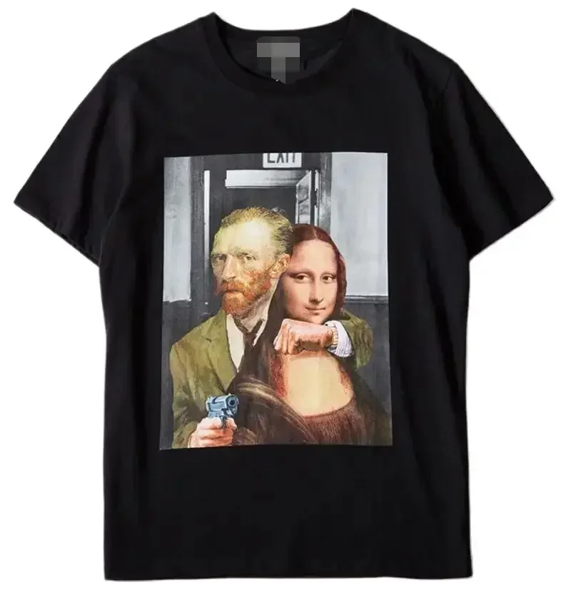 COTTON 100% Parody Mona Lisa Oil Painting Retro Cartoon Female Round Neck Loose White T-shirt Women Clothing Harajuku Tops Tee - Image 2