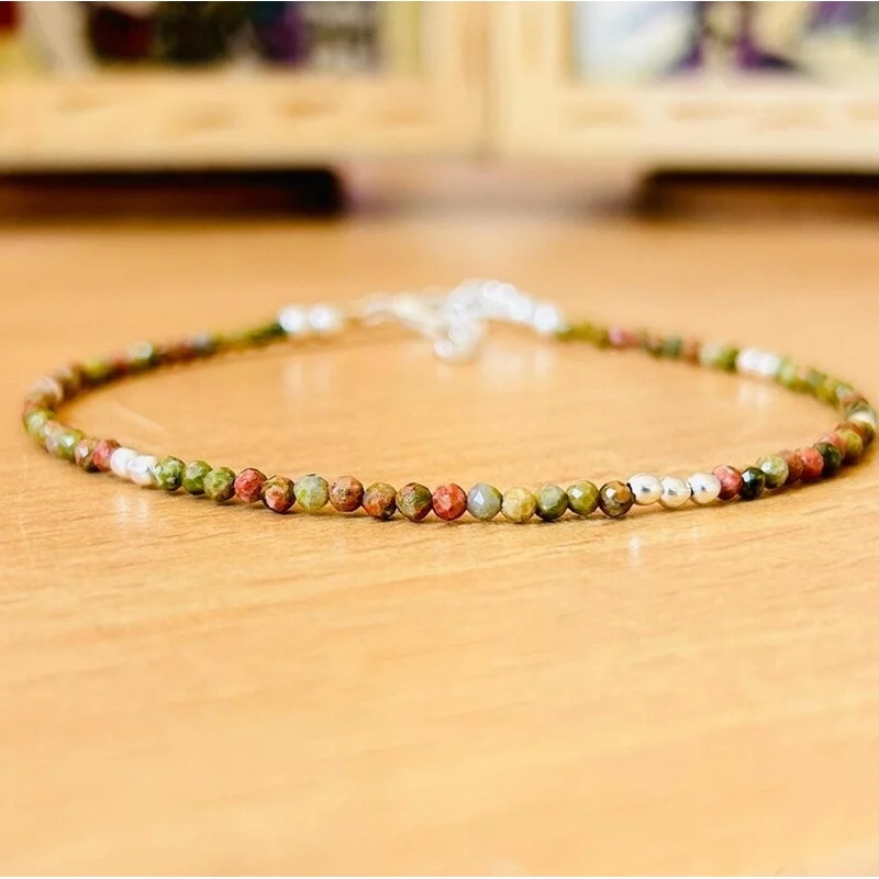 Green Unakite Faceted Round Gemstone Minimalist Beaded Handmade Bracelets 6-8"