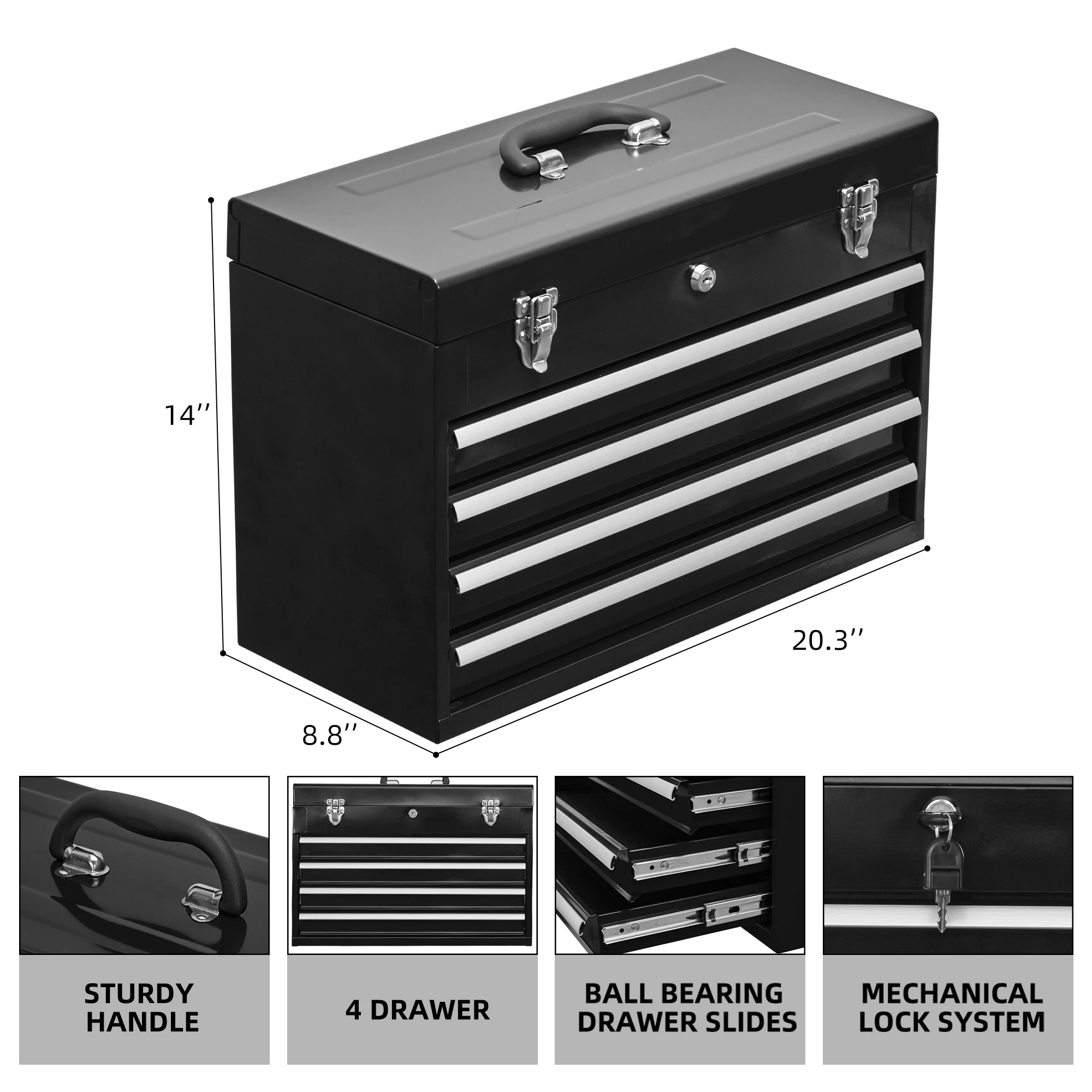 Black Metal Tool Box with 4 Drawers Portable Steel Tool Chest with Metal Cylinder Lock and Latch Closure Liner Powder coating