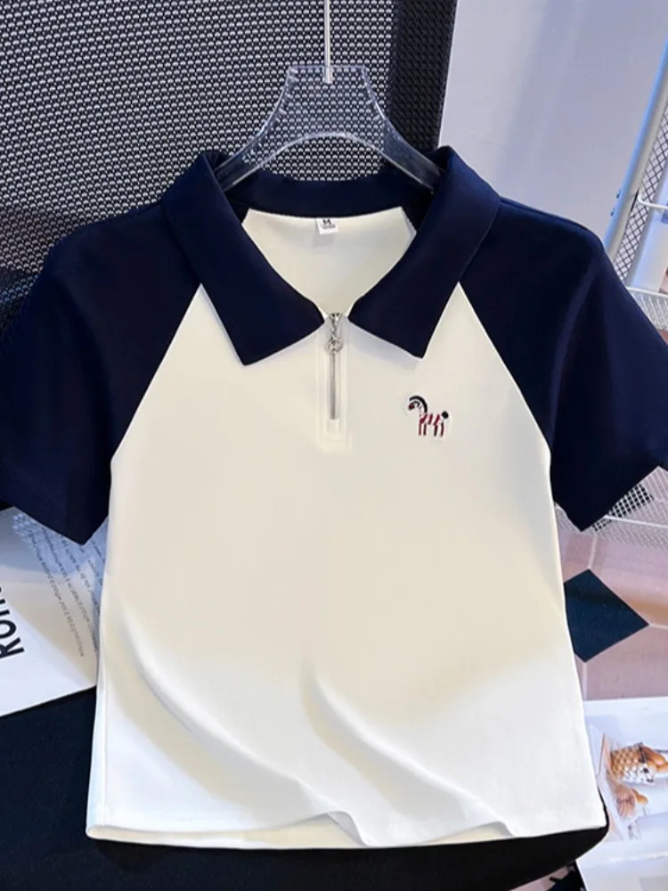 

Женская летняя укороченная футболка с коротким рукавом на молнии, приталенная, в корейском стиле, для повседневной носки