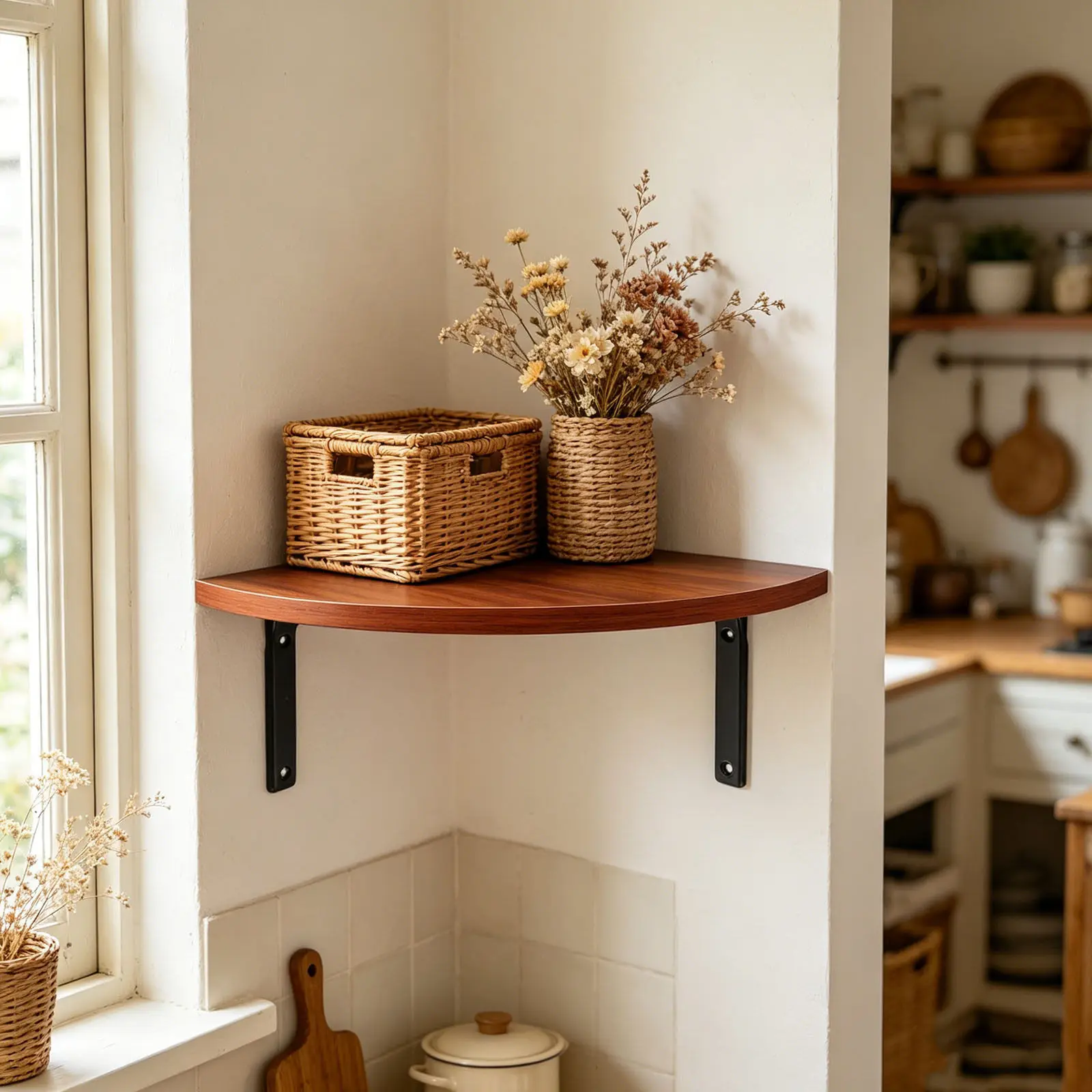 Floating Corner Shelf Wall Mounted Wooden Triangle Shelf Smooth Curved Surface for Cable Box TV Cords Books Plants Bathroom