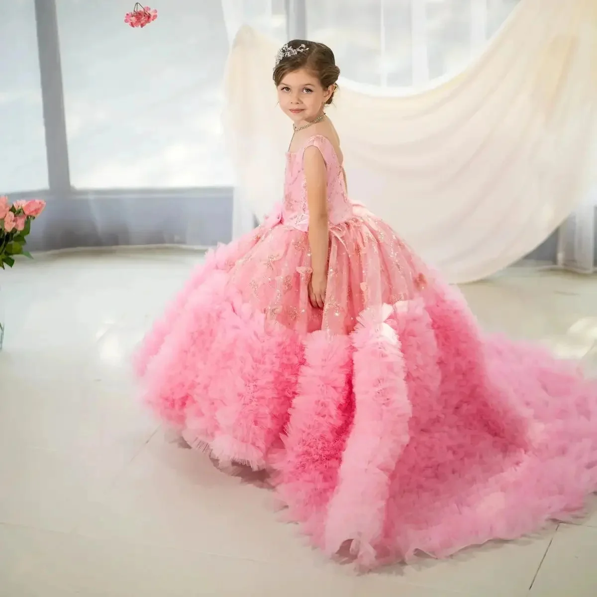 Flower Girl Dress for Wedding Butterfly Appliques Sleeveless Ruffles Tiered First Communion Birthday Party Ball Gown Custom