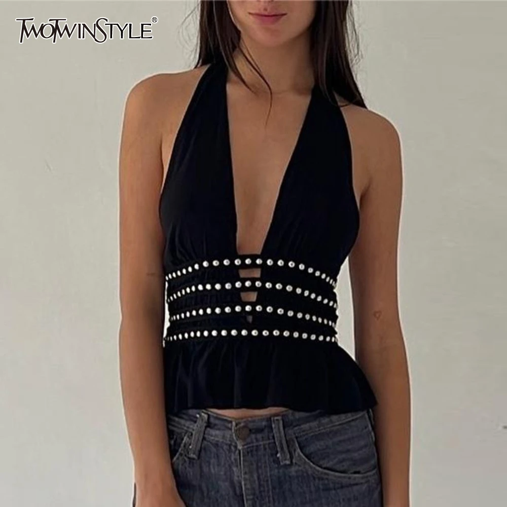 

TWOTWINSTYLE American Hot Girl Vest for Women Halter Deep V Neck Sleeveless Spliced Hollow Slimming Sexy Backless Top Female New
