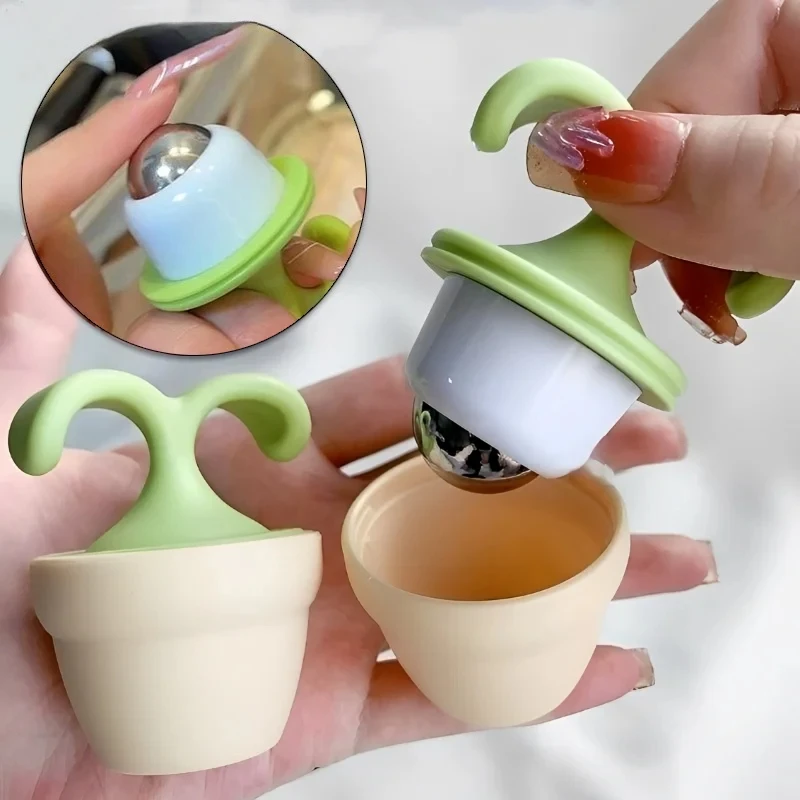 2/1Pcs Potted Plant Eye Massager Portable Ice Compress Rollerball for Puffiness & Dark Circles Relief Travel Face Neck Care Tool