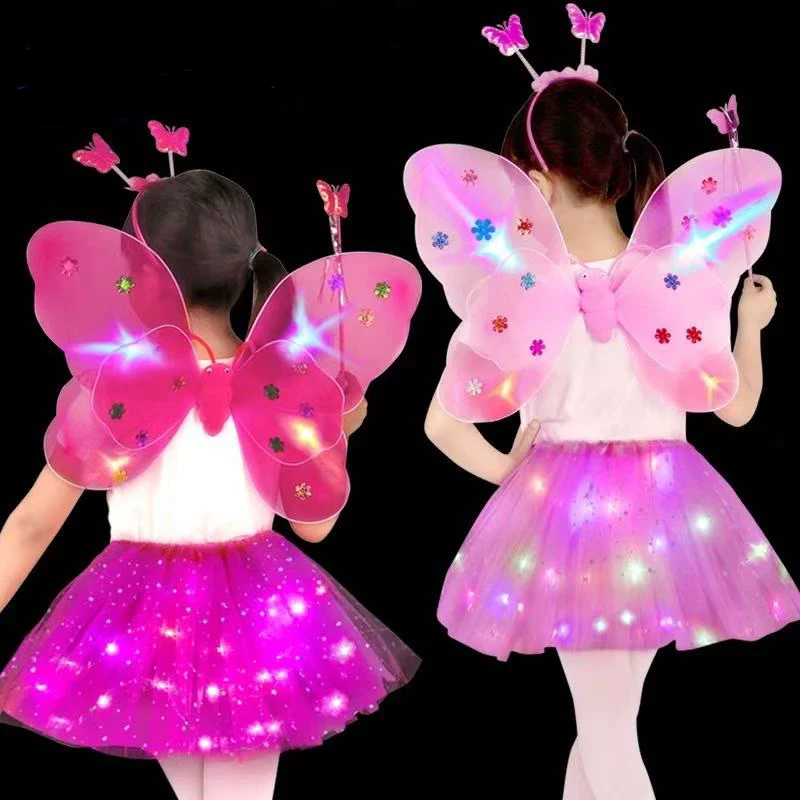 

Комплект: светодиодный костюм феи для девочек, юбка-бабочка с подсветкой, светящиеся крылья ангела, нарядное платье-костюм с крыльями бабочки