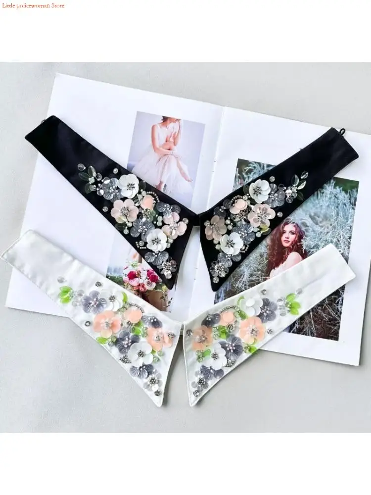 

F92D Черный съемный воротник-аксессуар с нежными цветочными узорами из блесток для офиса и вечерней одежды